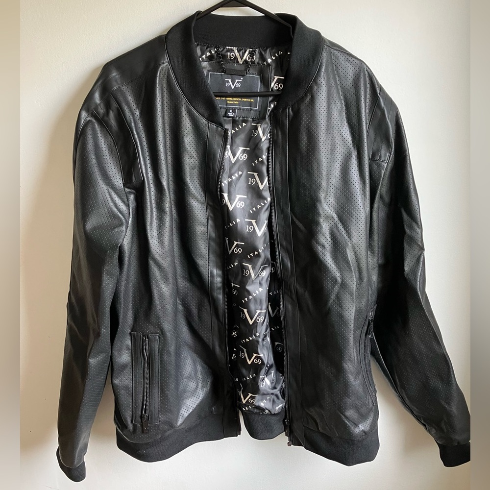 Black Perforated Faux Leather Bomber Jacket